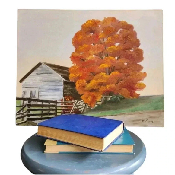 Vintage Mid-Century Painting Fall Autumn Landscape Barn Tree Signed 20x16 in - Picture 2 of 14